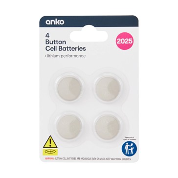4 Pack Button Cell Batteries, CR2025 - Anko