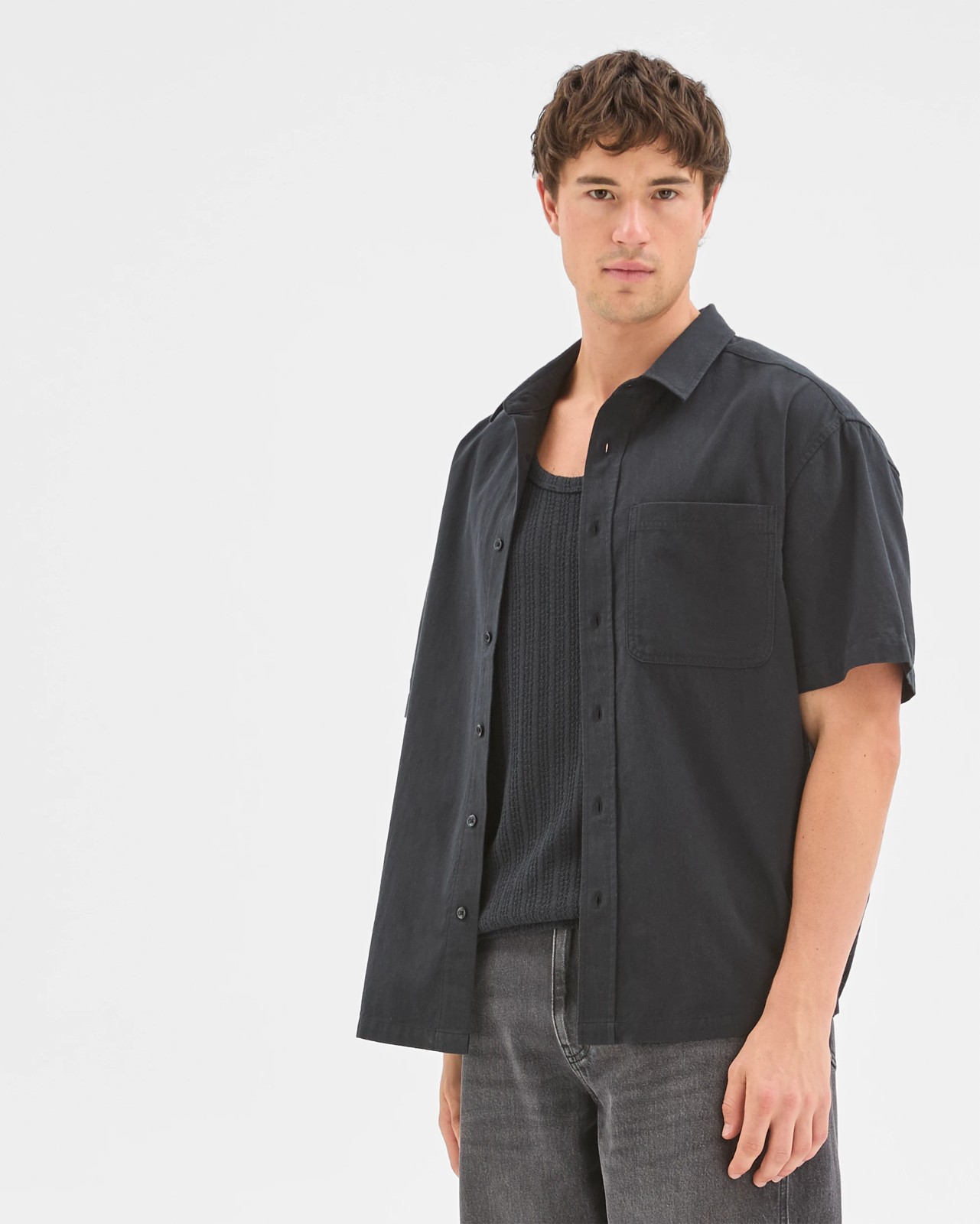 Commons Australian Cotton Plain Textured Boxy Fit Short Sleeve Shirt - Washed Black 4 of 6