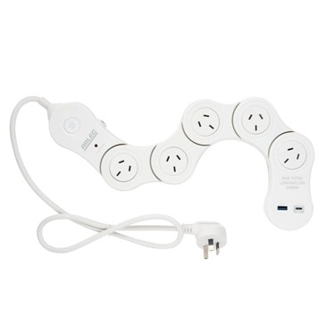 Arlec 5 Outlet Foldable Snake Powerboard with USB-A and USB-C