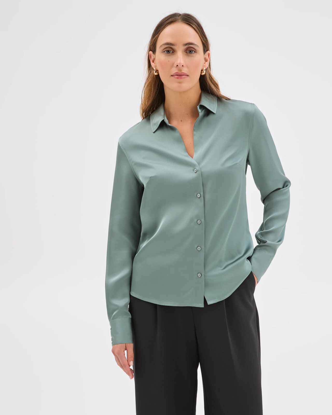 Preview Satin Long Sleeve Button Up Shirt - Seafoam 2 of 5
