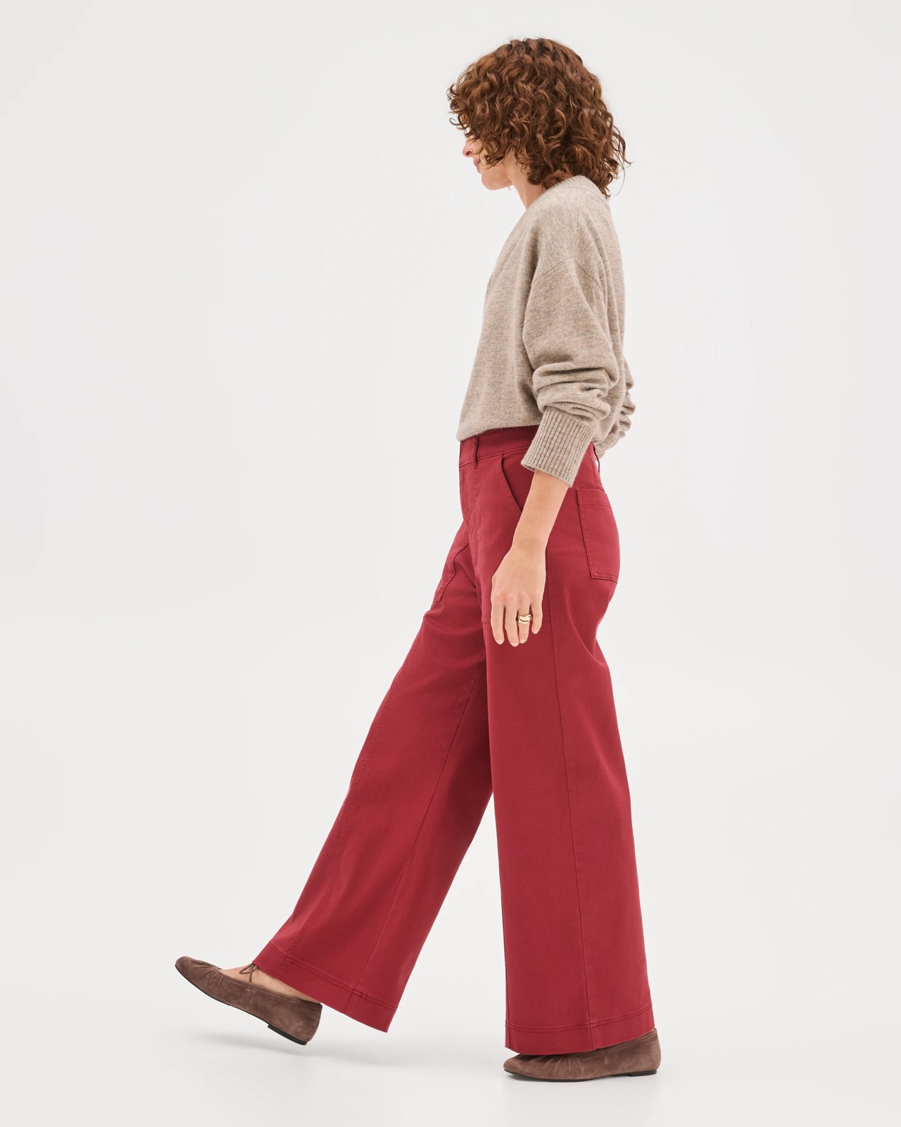 Australian Cotton Blend Stretch Twill Wide Leg Pants - Burnt Crimson 2 of 6