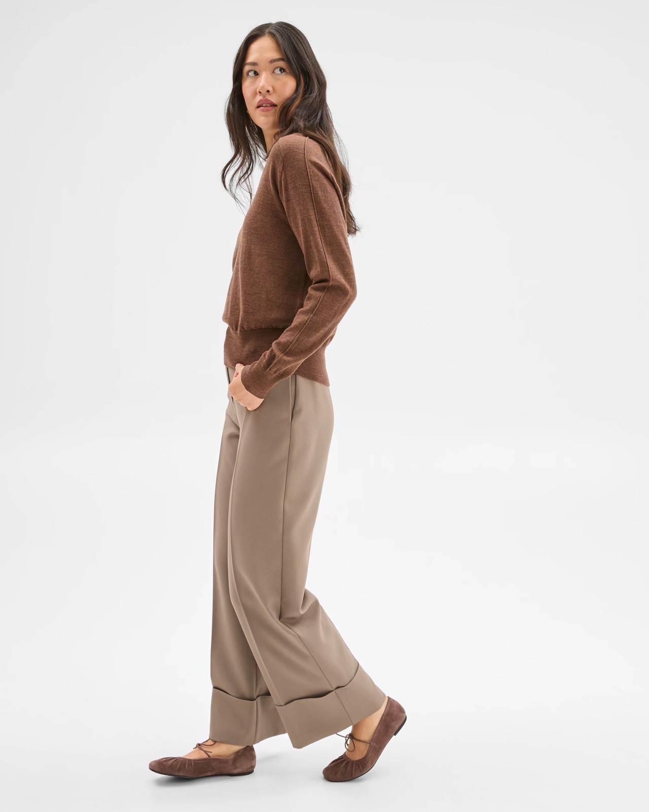 Preview Australian Merino Wool Long Sleeve V-Neck Knit Top - Caramel Brown Marle 5 of 5