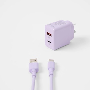 Wall USB Charger with USB-A to USB-C, Purple - Anko