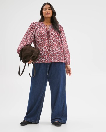 Plus Size Long Sleeve Printed Gather Detail Blouse