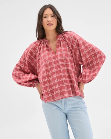 Long Sleeve Check Detail Blouse