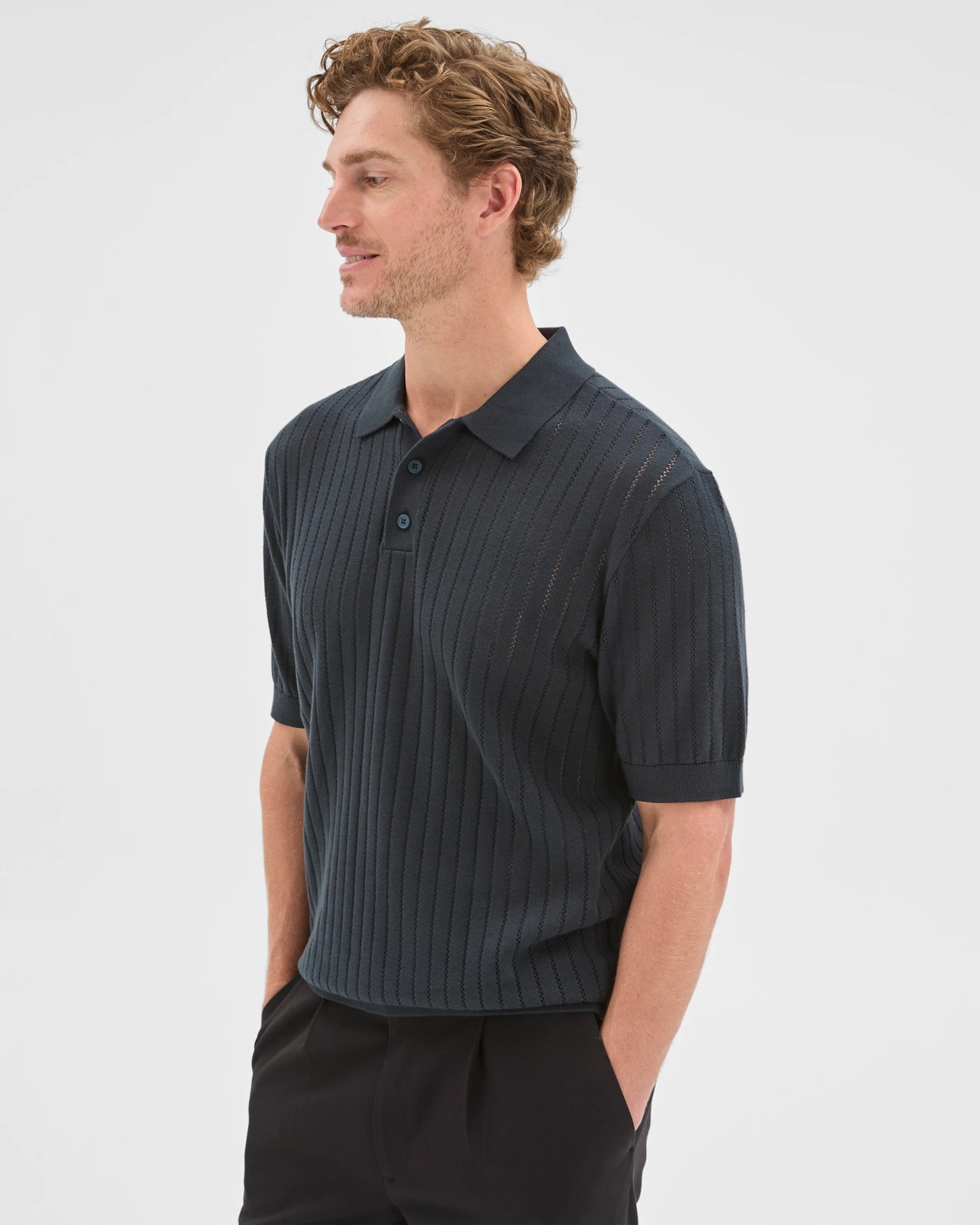Preview Australian Cotton Pointelle Polo Top - Blueberry 4 of 6