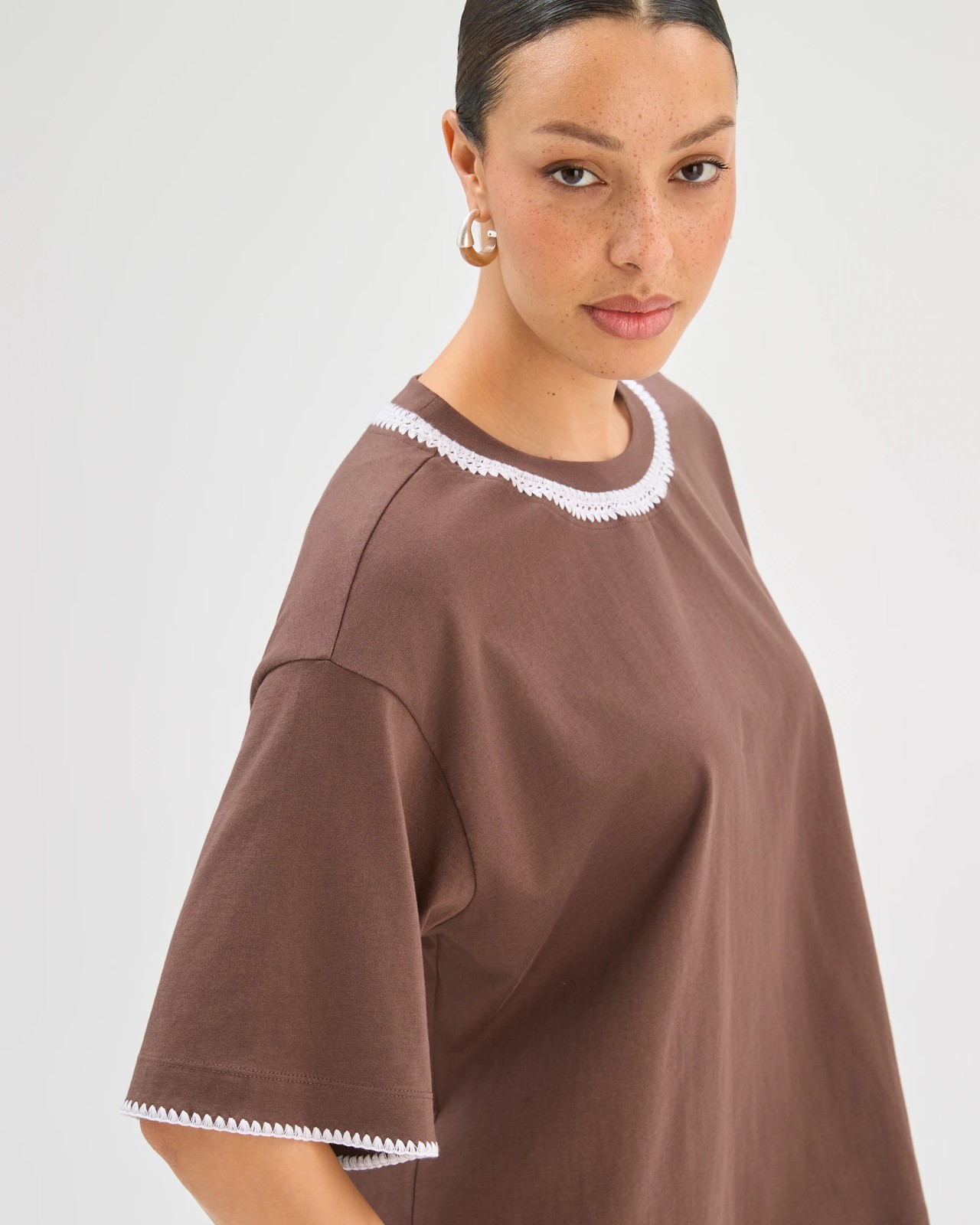 Australian Cotton Boxy Stitch Detail T-Shirt - Coffee Bean White 5 of 6
