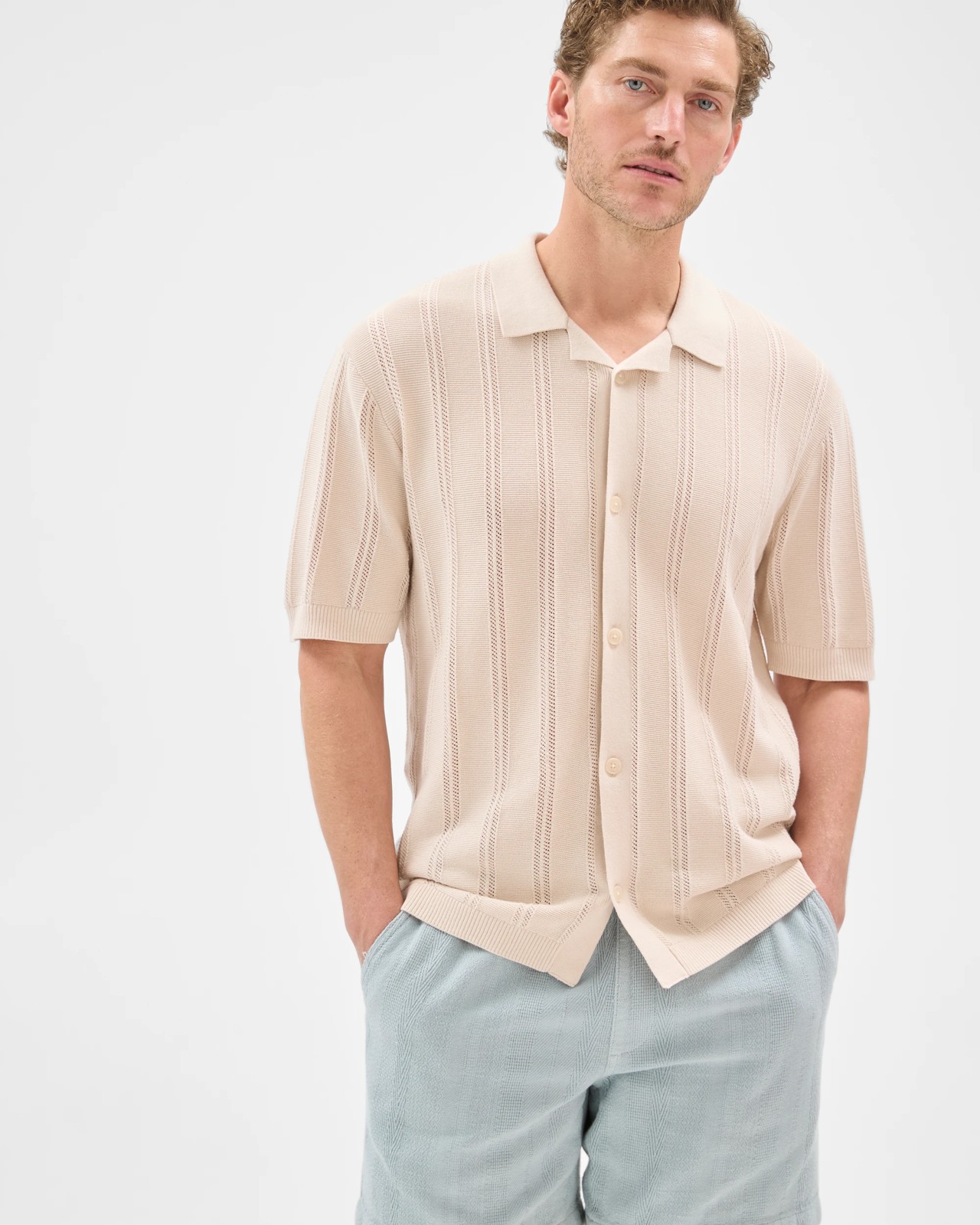 Australian Cotton Textured Stripe Shorts - Blue 3 of 6