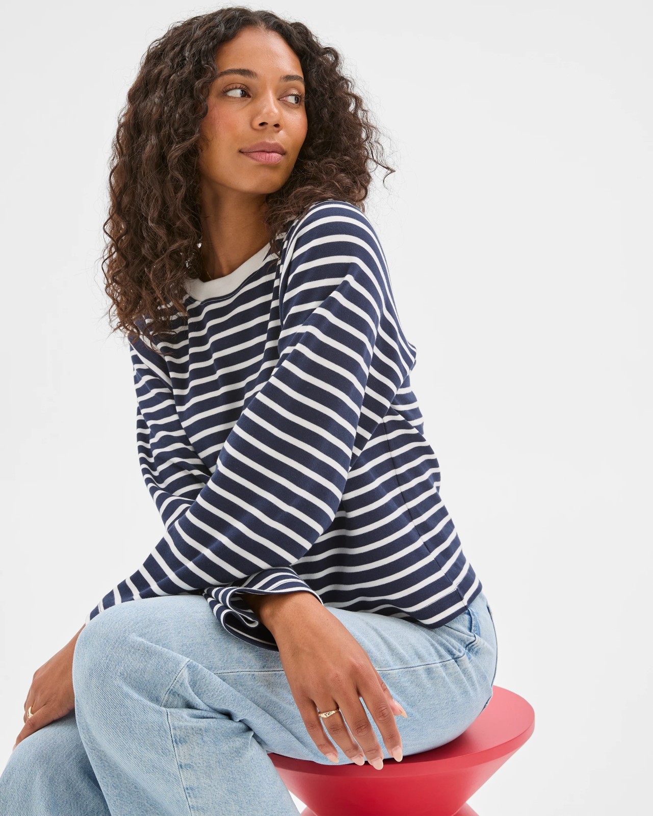 Australian Cotton Long Sleeve Spliced Top - Ink Navy/Brilliant White 3 of 5