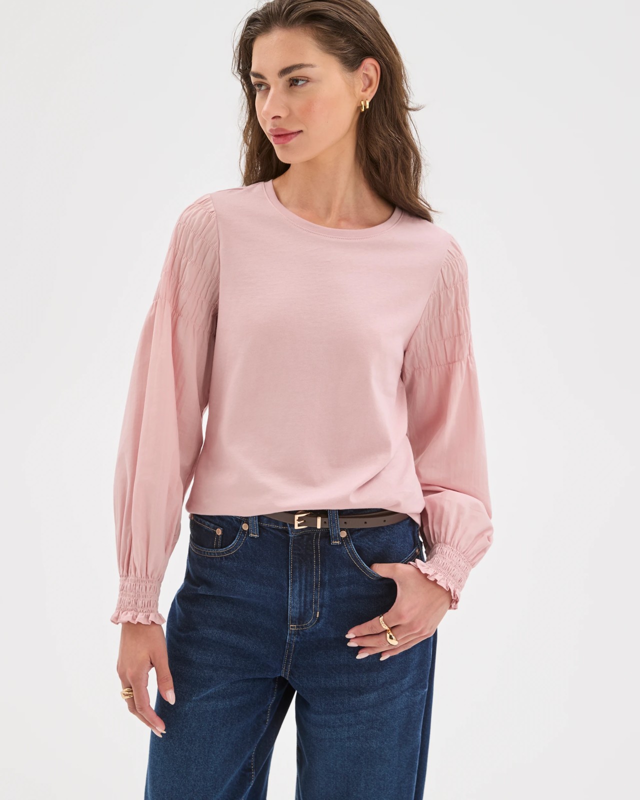Petites Australian Cotton Long Sleeve Smocked Knit/Woven Top 3 of 5