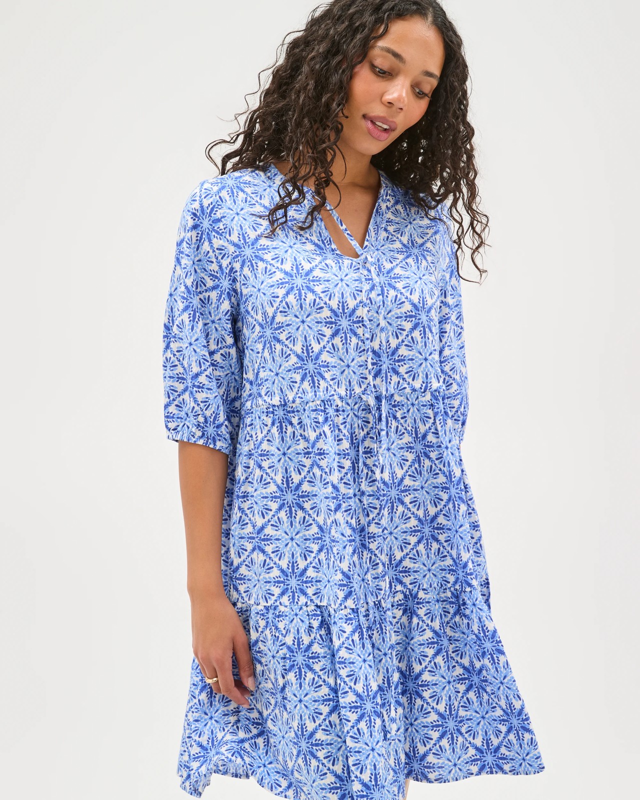 Long Blouson Sleeve Seersucker Printed Mini Dress 2 of 6