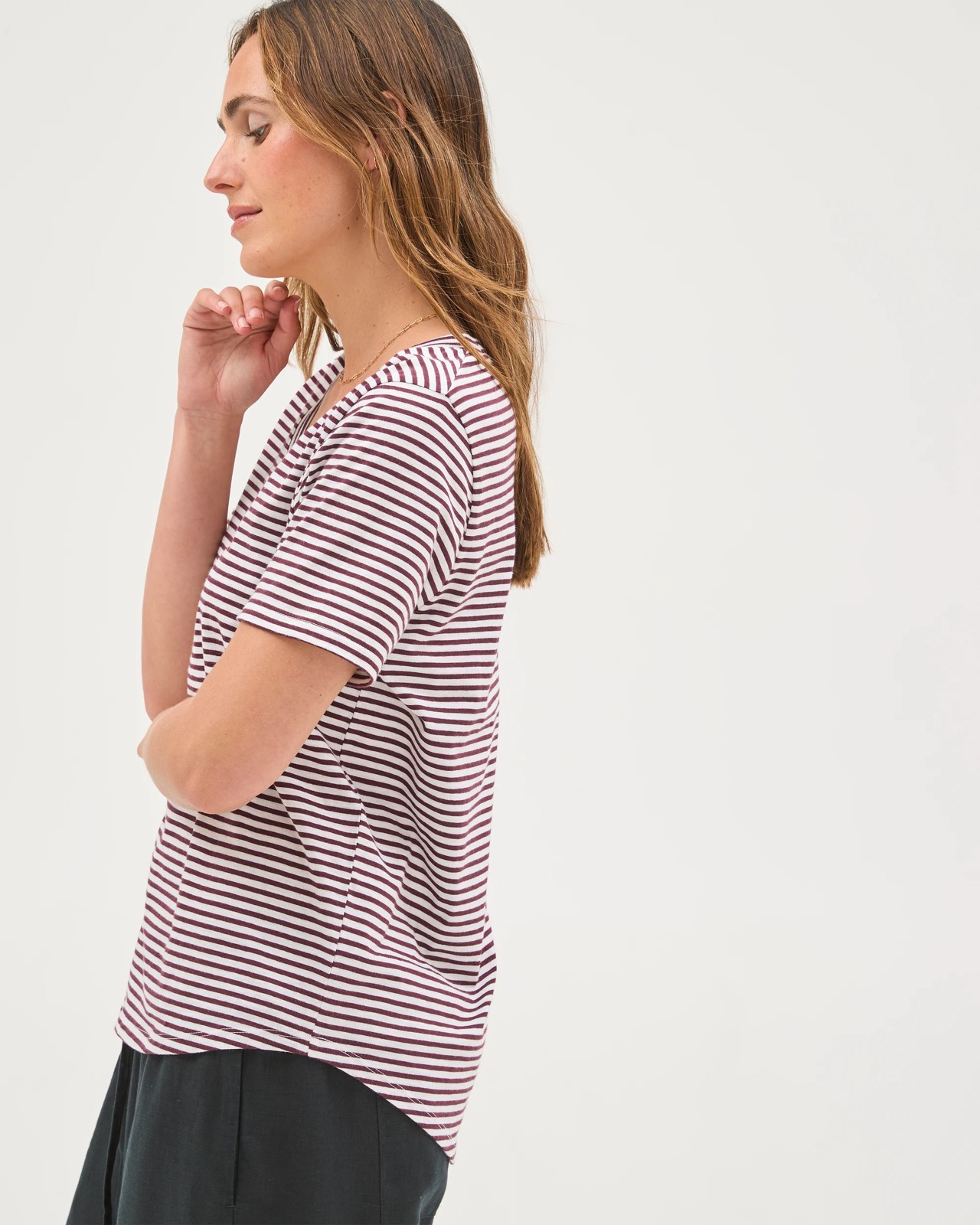 Australian Cotton Slub Relaxed V-Neck T-Shirt - Merlot/White Stripe 5 of 5