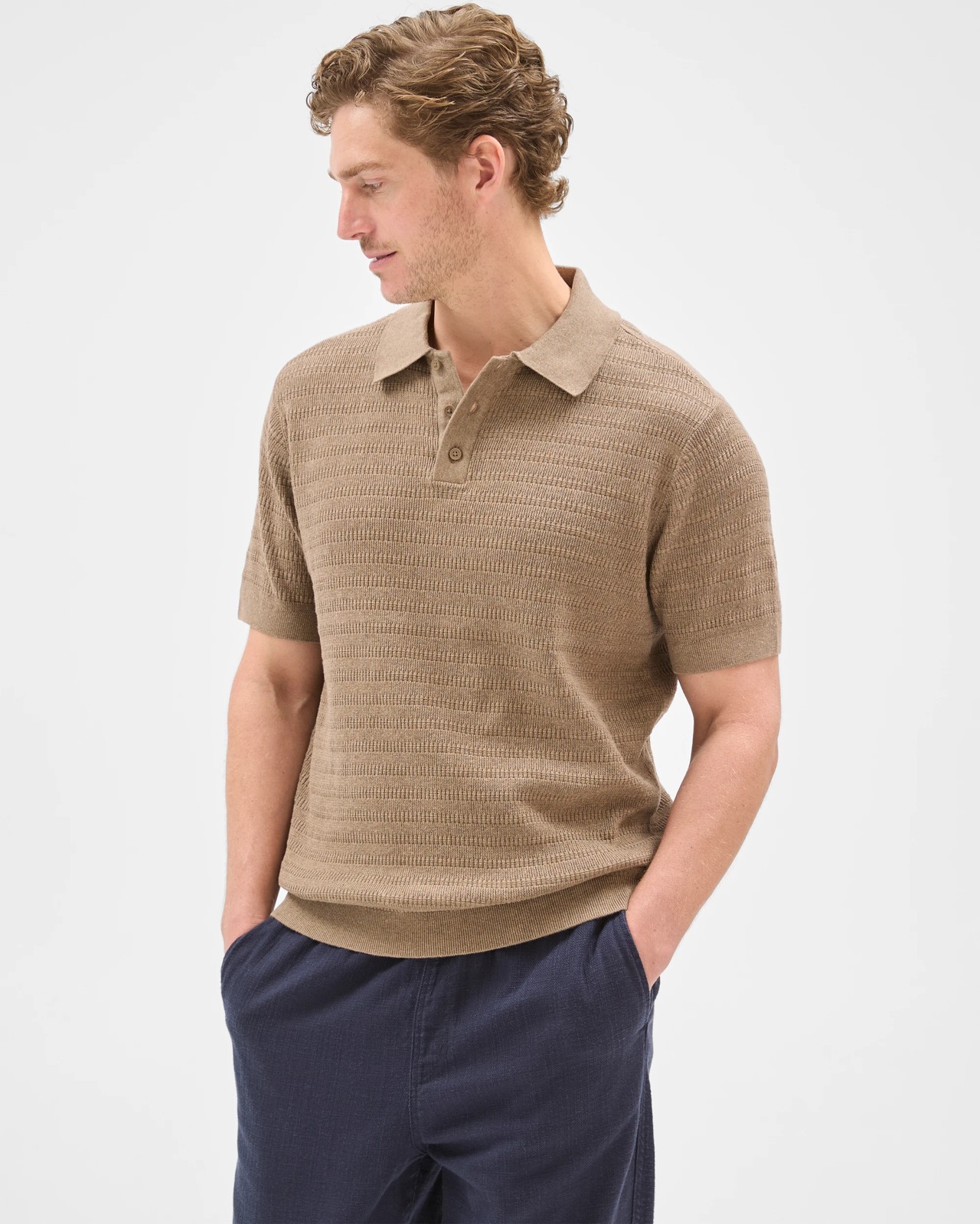 Australian Cotton Patterned Knit Polo Top - Rock Marle 2 of 6