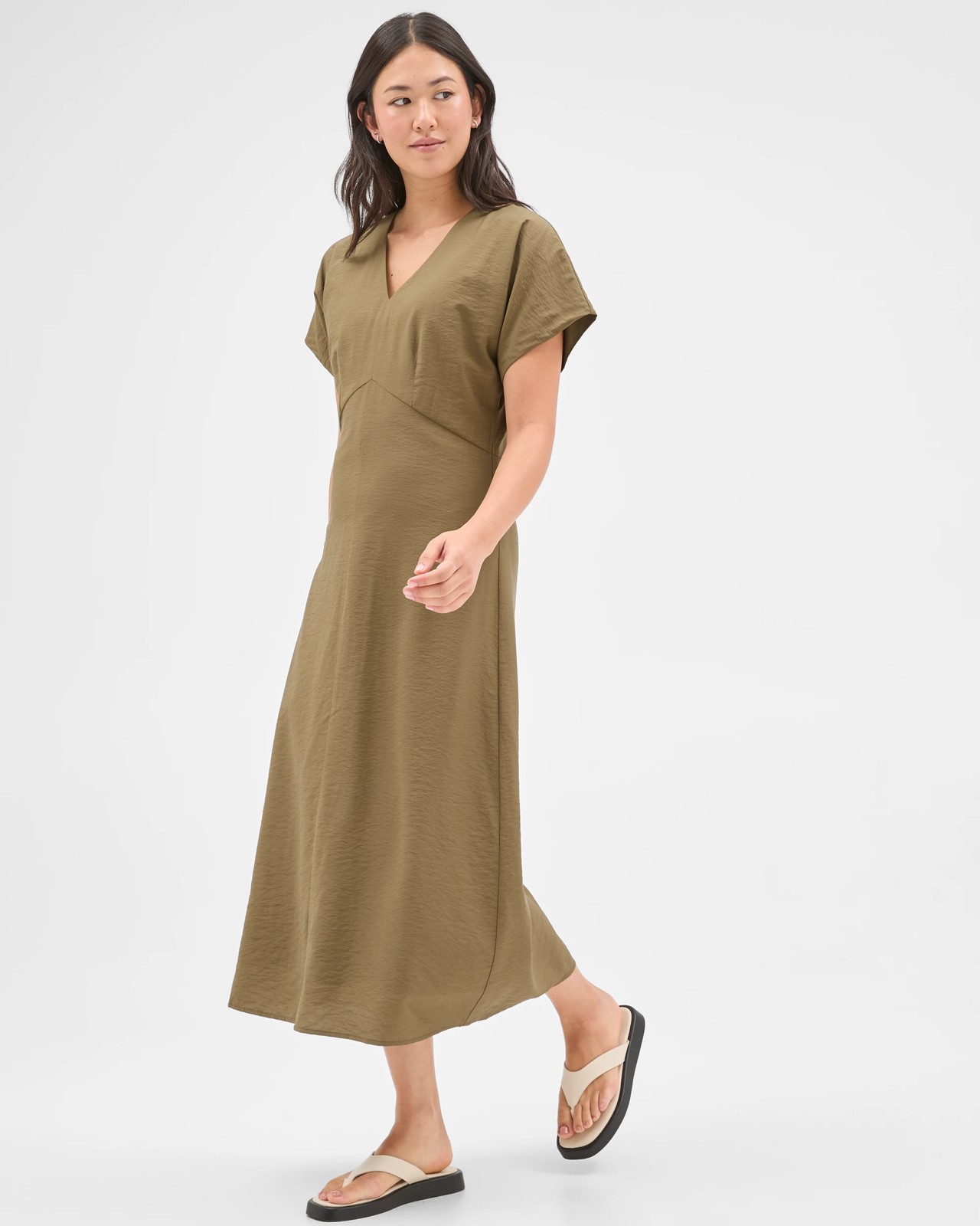 Preview Wendy Seam Detail Midi Dress - Khaki Olive 2 of 5