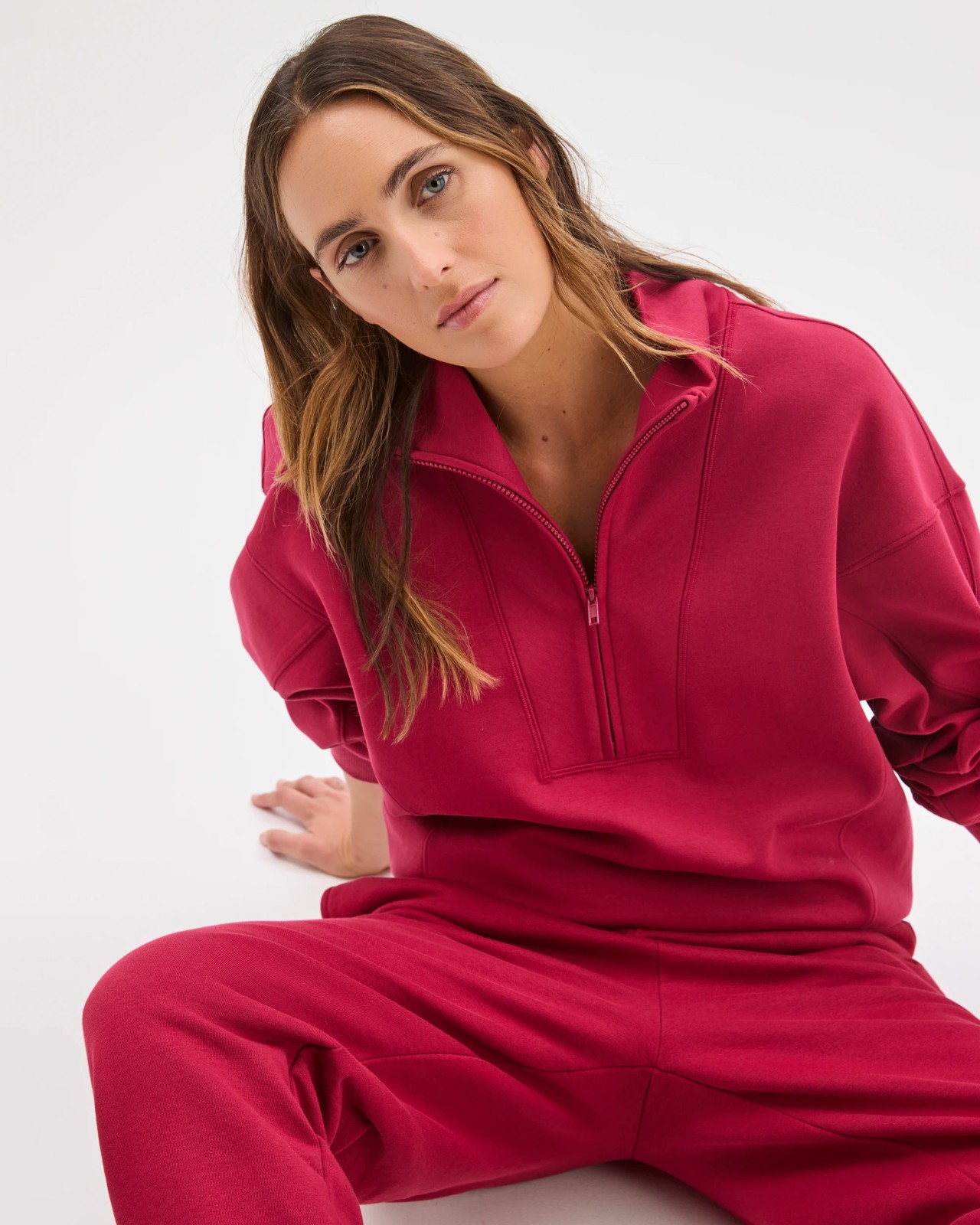 Australian Cotton Blend Cocoon 1/4 Zip Fleece Jumper - Dark Red 2 of 5