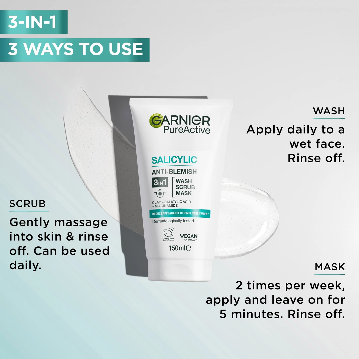 Garnier SkinActive PureActive 3 in 1 Wash, Scrub and Mask 150ml 2 of 4