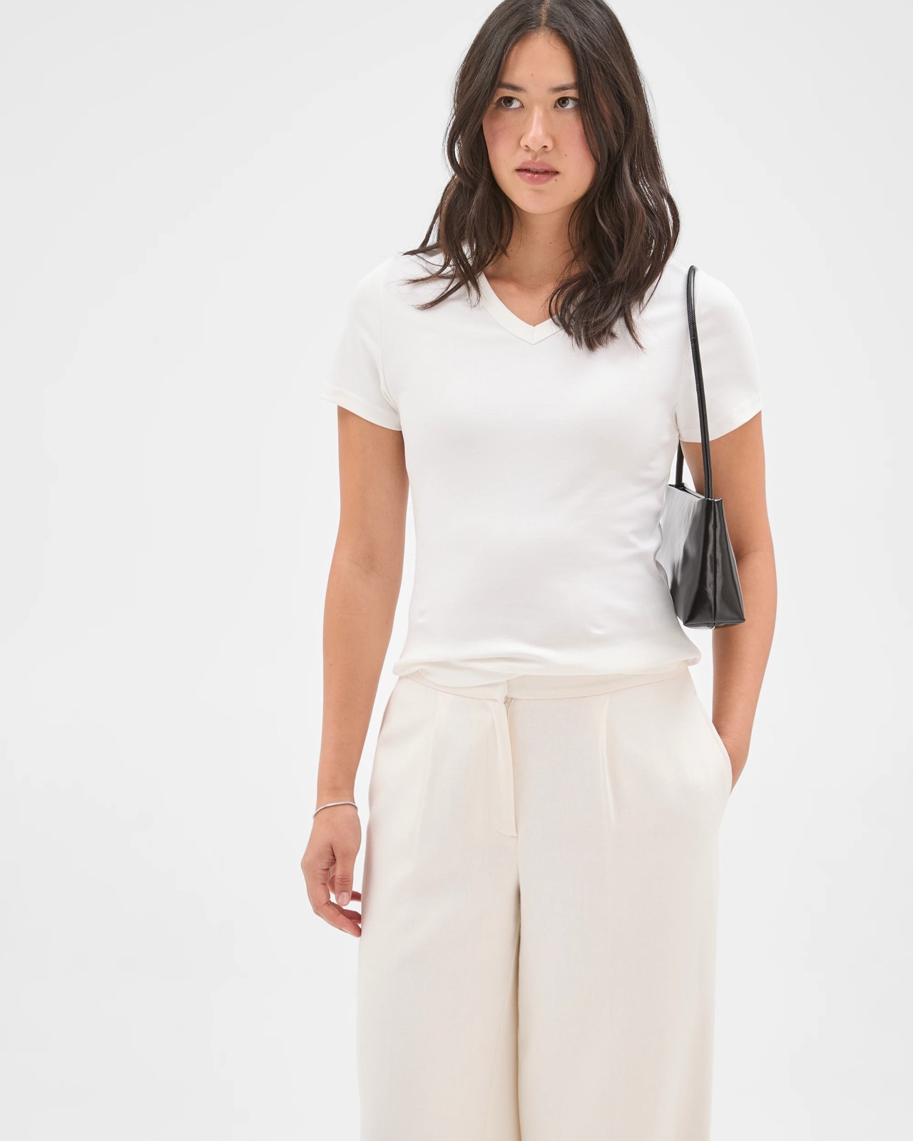 Preview Australian Cotton V-Neck Interlock T-Shirt - Cloud Dancer 2 of 5