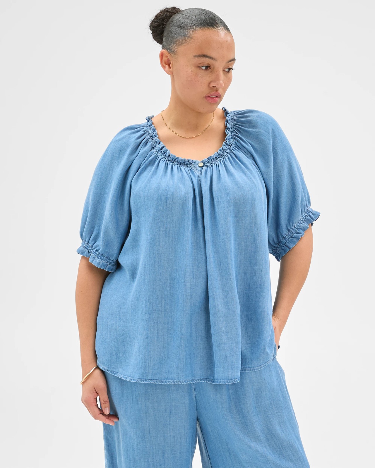Plus Size Lyocell Short Sleeve Shirred Chambray Blouse 2 of 5