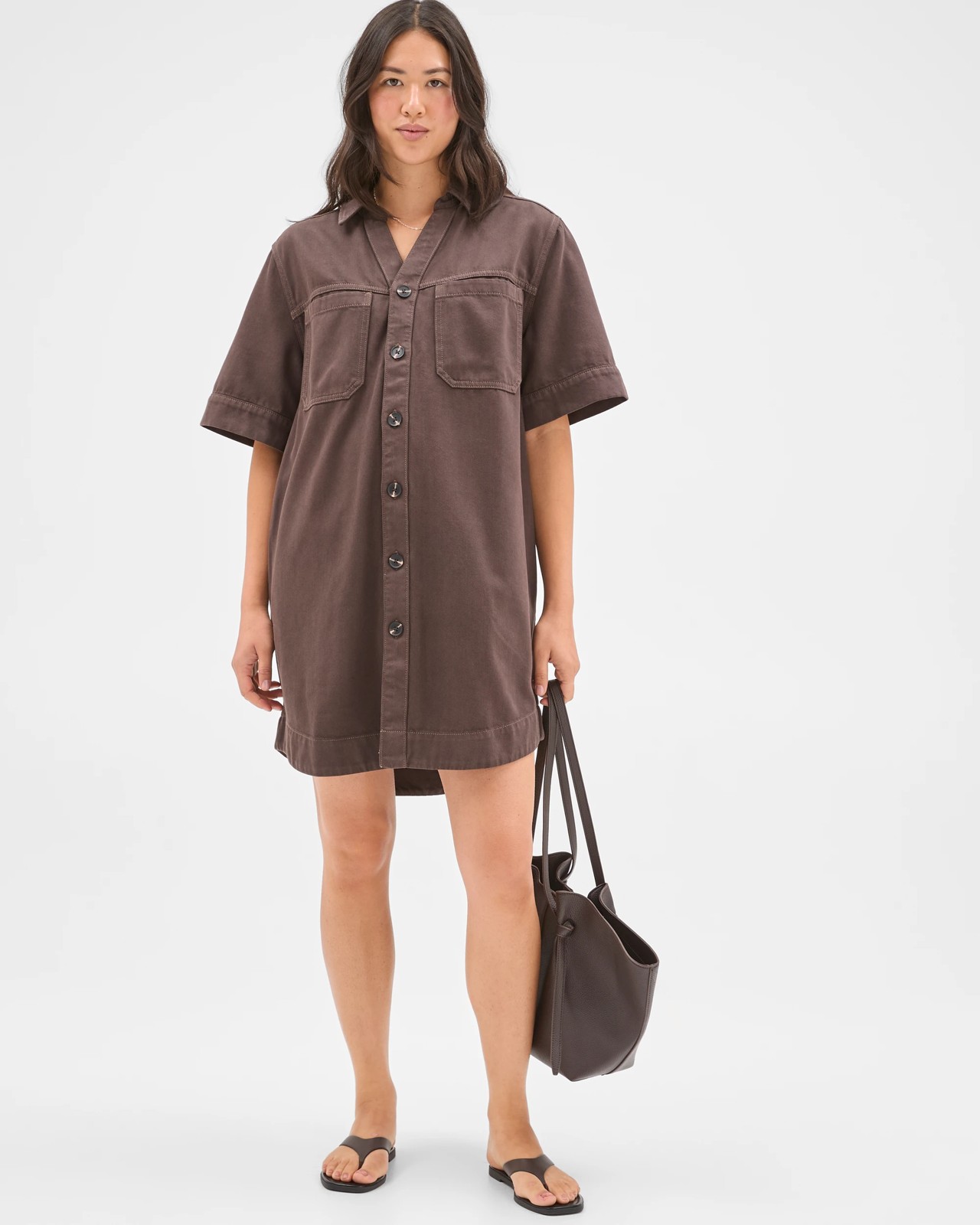 Short Sleeve V-Neck Denim Shirt Dress 3 of 5