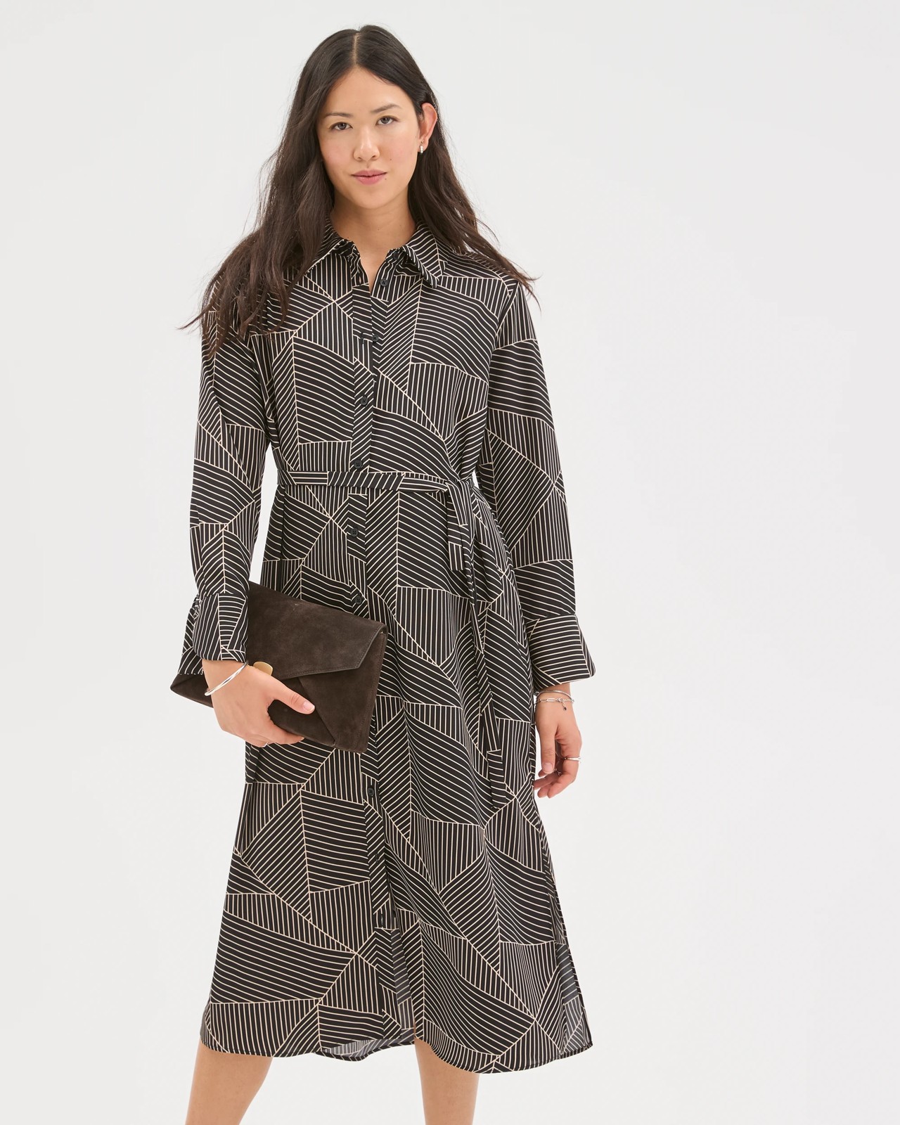 Preview Long Sleeve Crossover Midi Shirt Dress 2 of 5