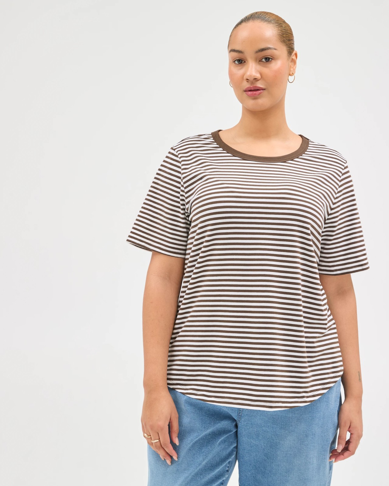 Plus Size Australian Cotton Crew Neck T-Shirt - Chocolate/White Stripe 2 of 6