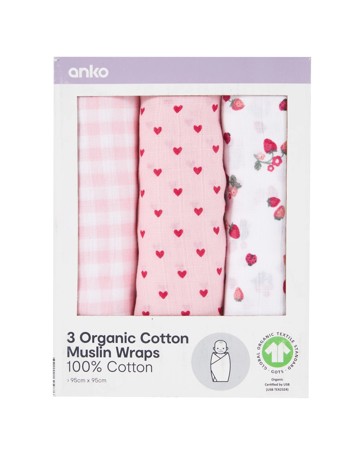 Anko 3 Pack Organic Cotton Muslin Wraps - Berry