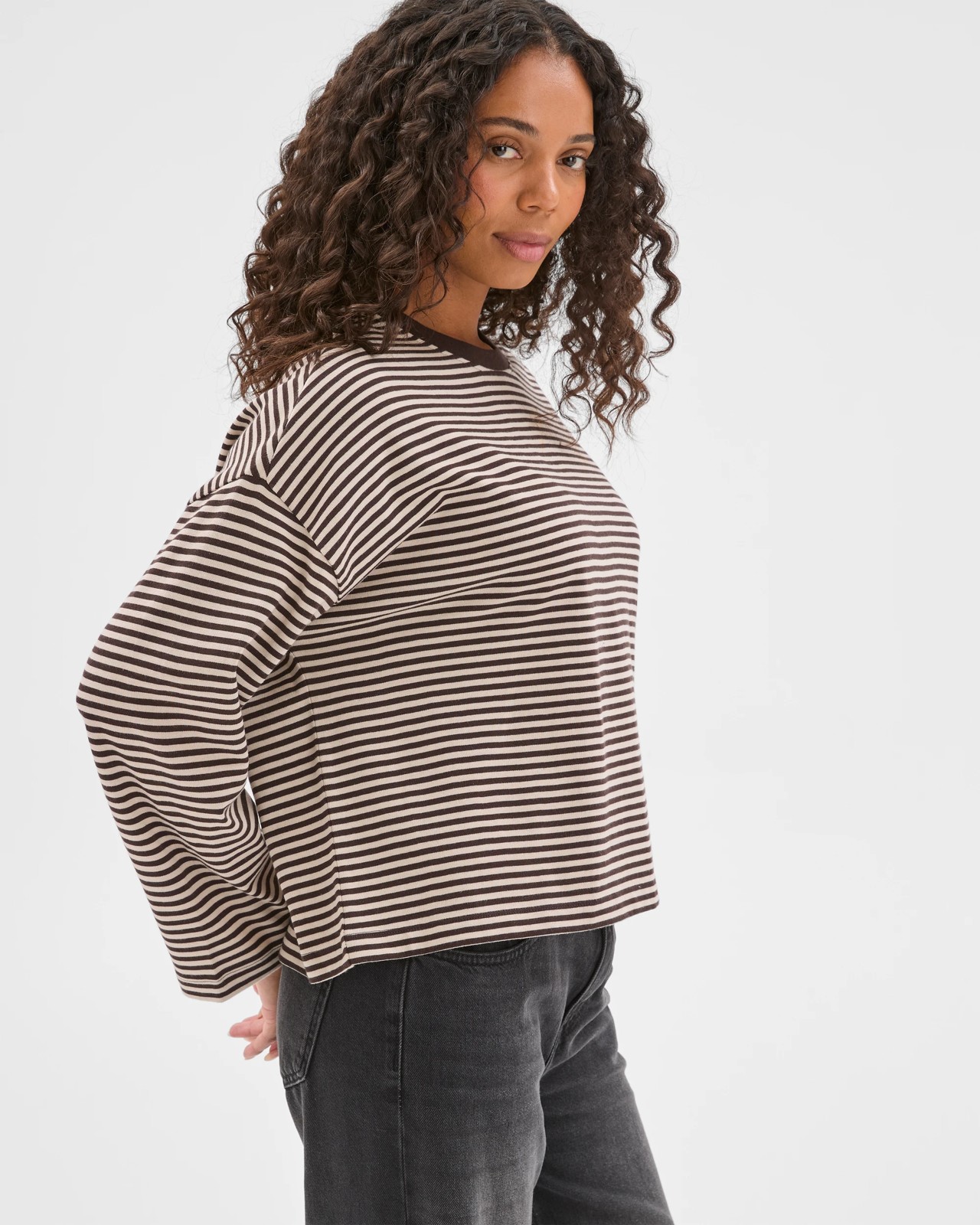 Australian Cotton Long Sleeve Heavyweight Oversized T-Shirt - Brunette/Birch Stripe 5 of 5