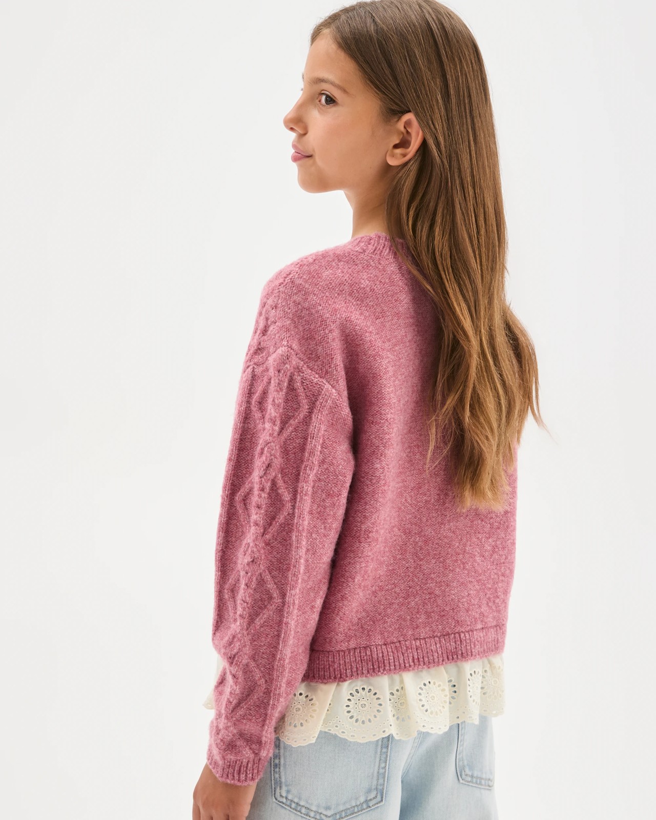 Cable Knit Lace Hem Sweater - Pink 4 of 5