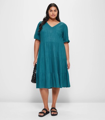 Plus Size Linen Blend Tiered Midi Dress