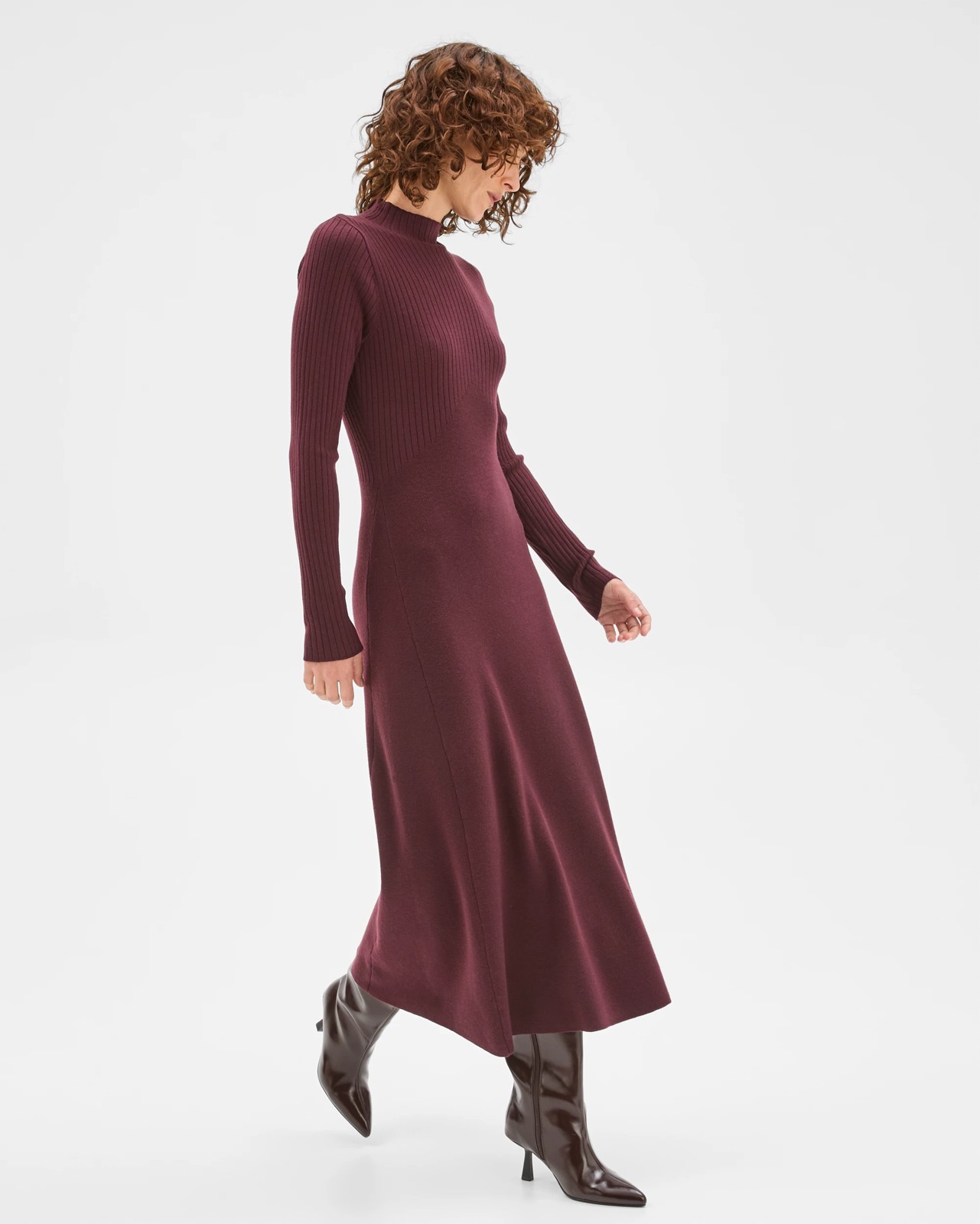 Preview Long Sleeve Rib Detail Knit Dress - Pinot 2 of 5