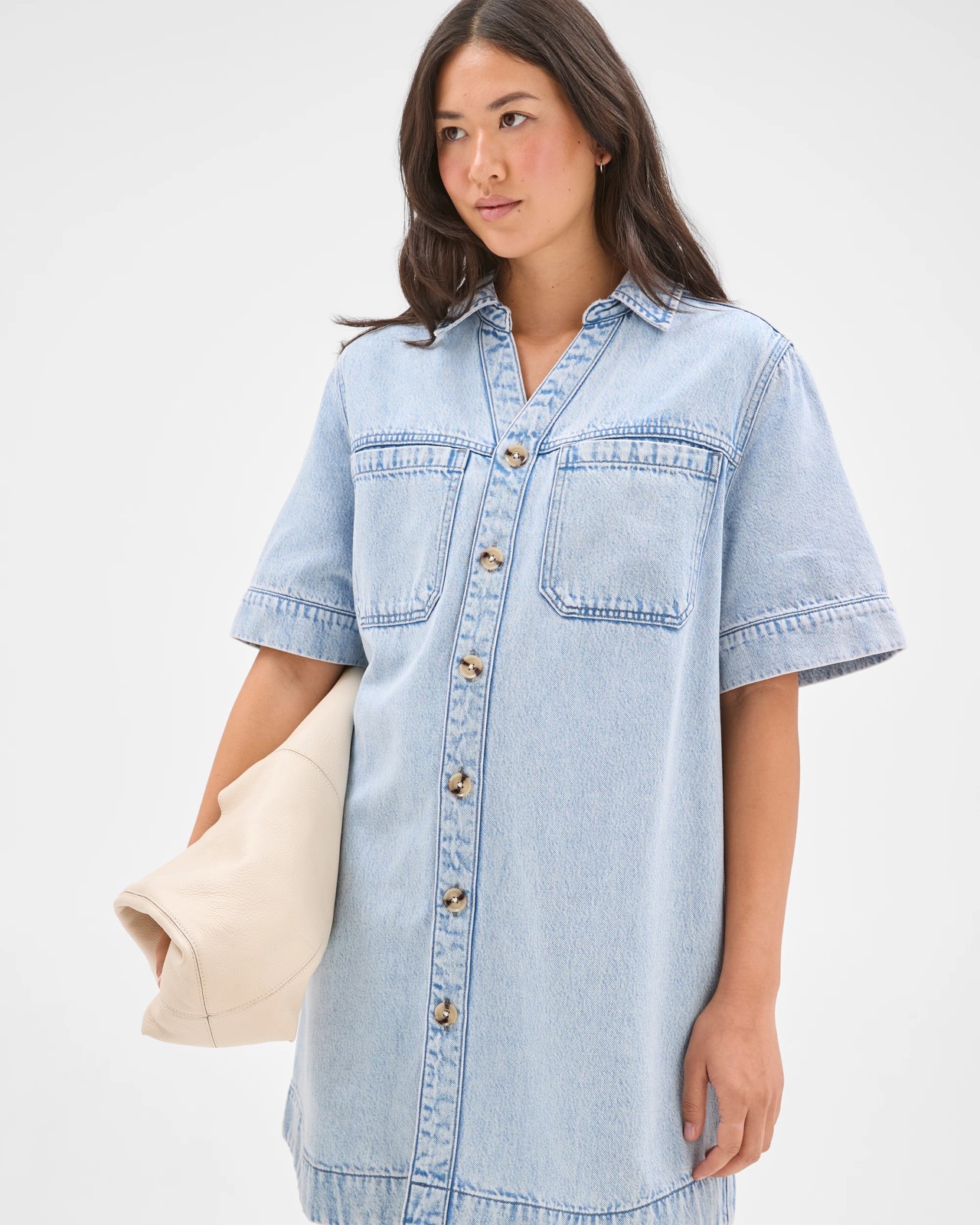 Short Sleeve V-Neck Denim Shirt Dress 4 of 5