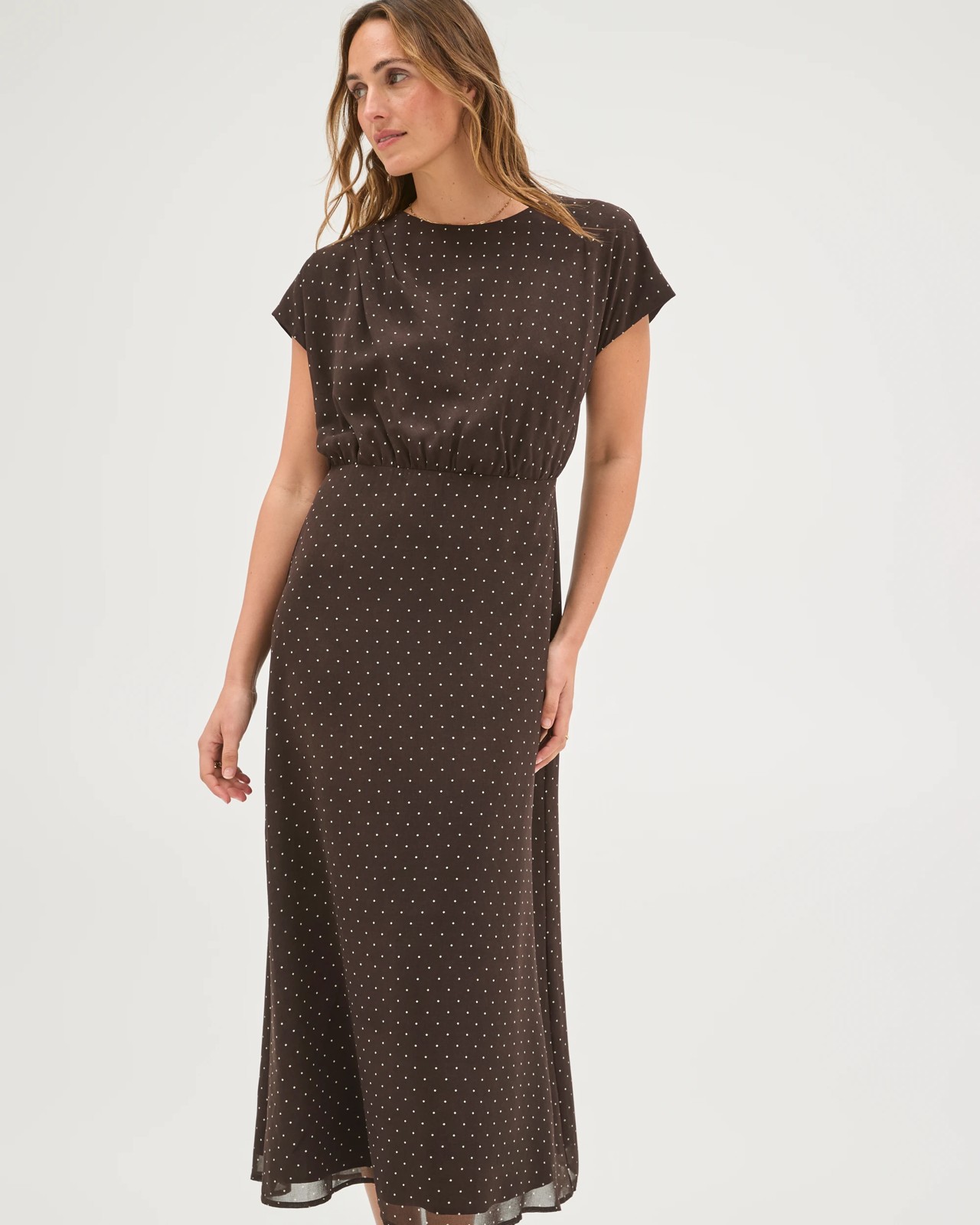 Preview Sheer Drape Front Midi Dress - Coffee Bean Spot 5 of 6