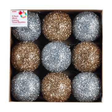9 Pack 10cm Luxury Tinsel Baubles - Anko