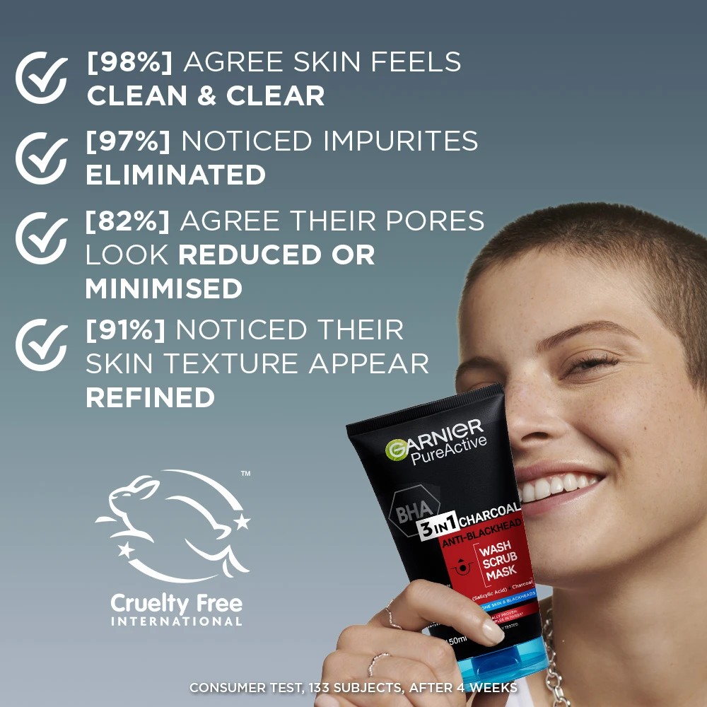 Garnier SkinActive PureActive Intensive 3-in-1 Anti-Blackhead Wash, Scrub and Mask 150ml - Charcoal 5 of 5