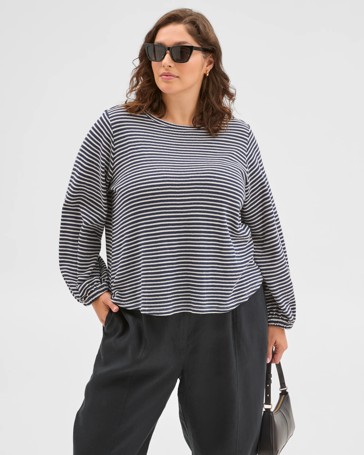 Plus Size Australian Cotton Long Sleeve Stripe Textured Top