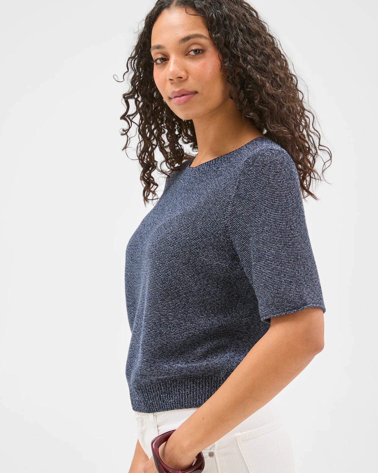 Australian Cotton Blend Relaxed Fit Ottoman Stitch Knitted T-Shirt - Ink Navy 5 of 6