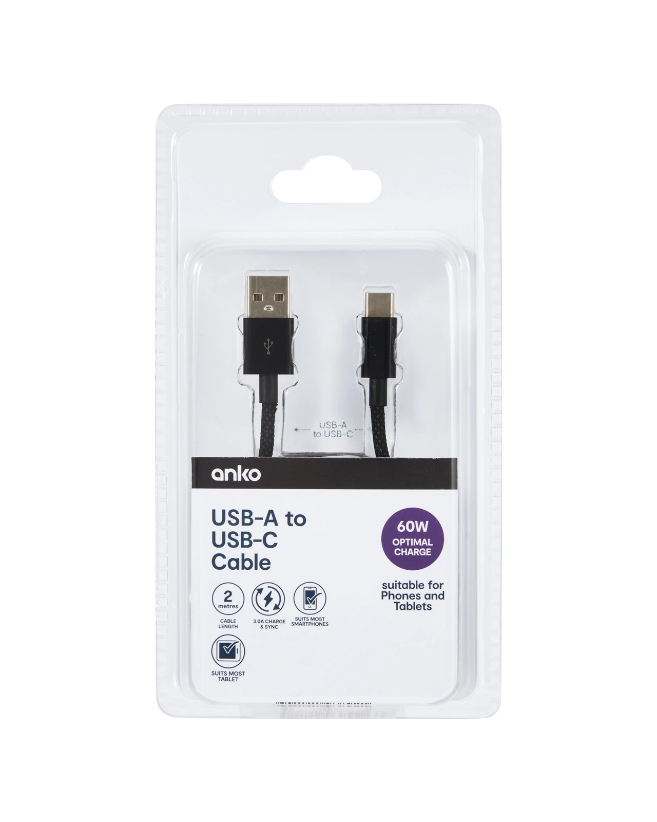Anko 2m USB-A to USB-C 60W Braid Cable - Black 3 of 4
