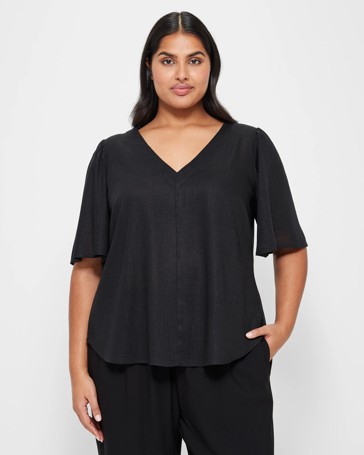 Plus Size Linen Blend V-Neck Top