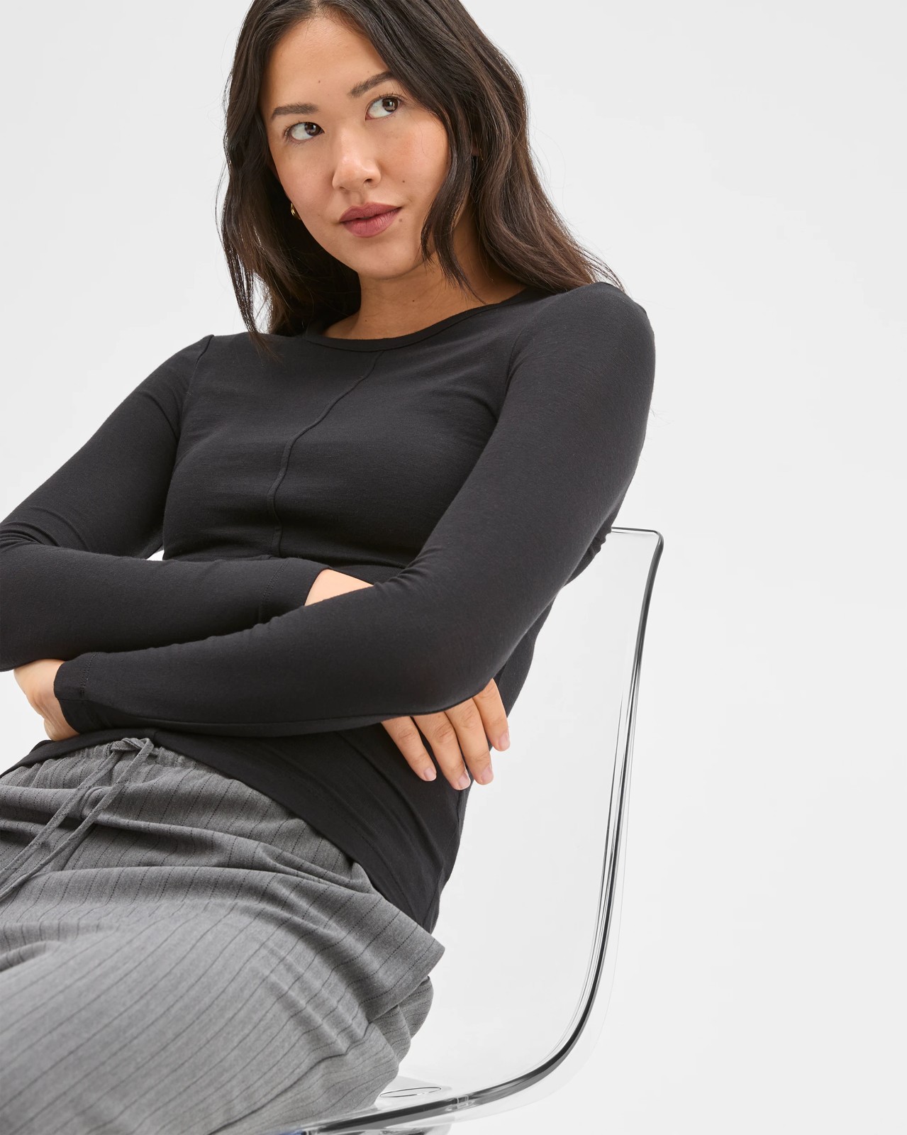 Preview Long Sleeve Luxe Layering Crew Neck Knit Top - Black 4 of 5