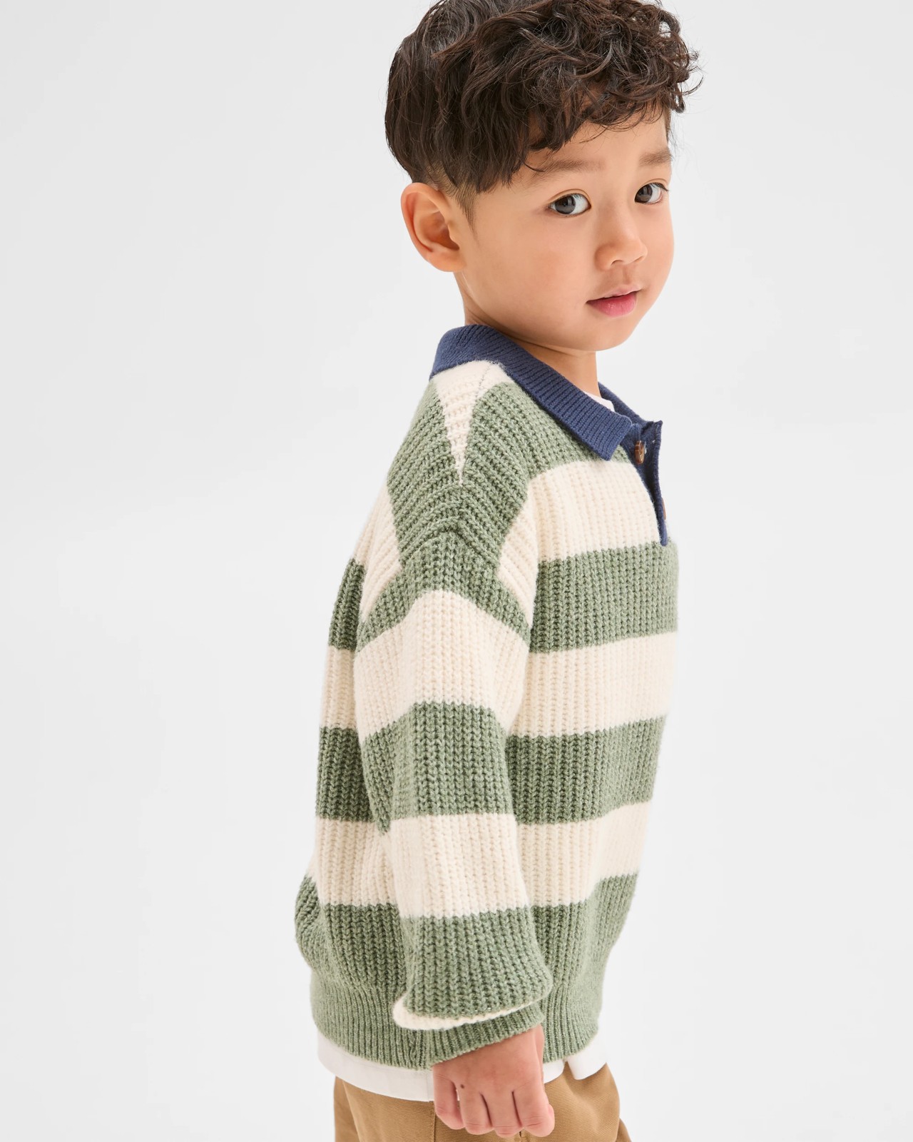 Long Sleeve Striped Knit Polo Top - Green 5 of 5