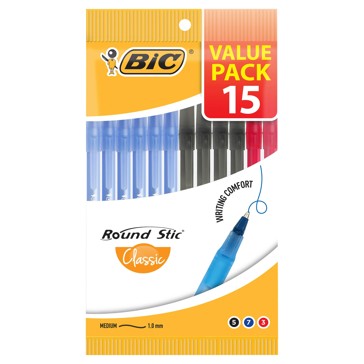 15 Pack BIC Round Stic Assorted Ballpoint Pens