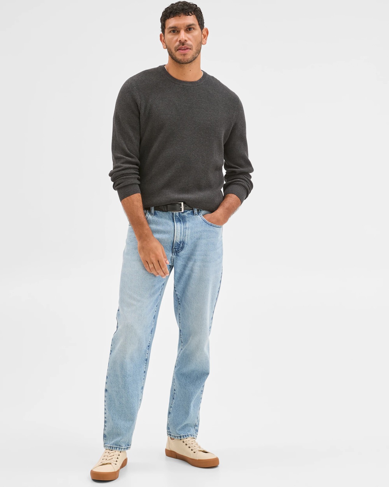 Australian Cotton Lightweight Waffle Knit Crew Neck Jumper - Black Marle 4 of 6