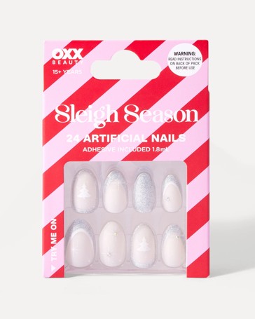 OXX Beauty 24 Pack Sleigh Season Artificial Nails with Adhesive - Almond Shape, Silver Sparkle
