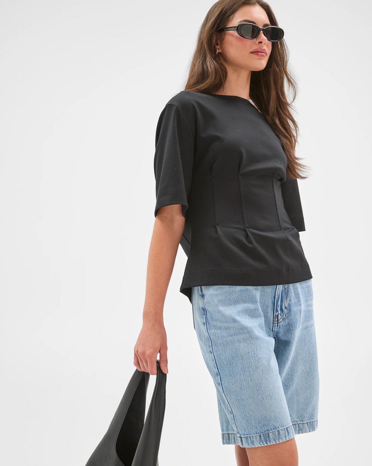 Petites Australian Cotton Short Sleeve Waisted Top - Black 3 of 5