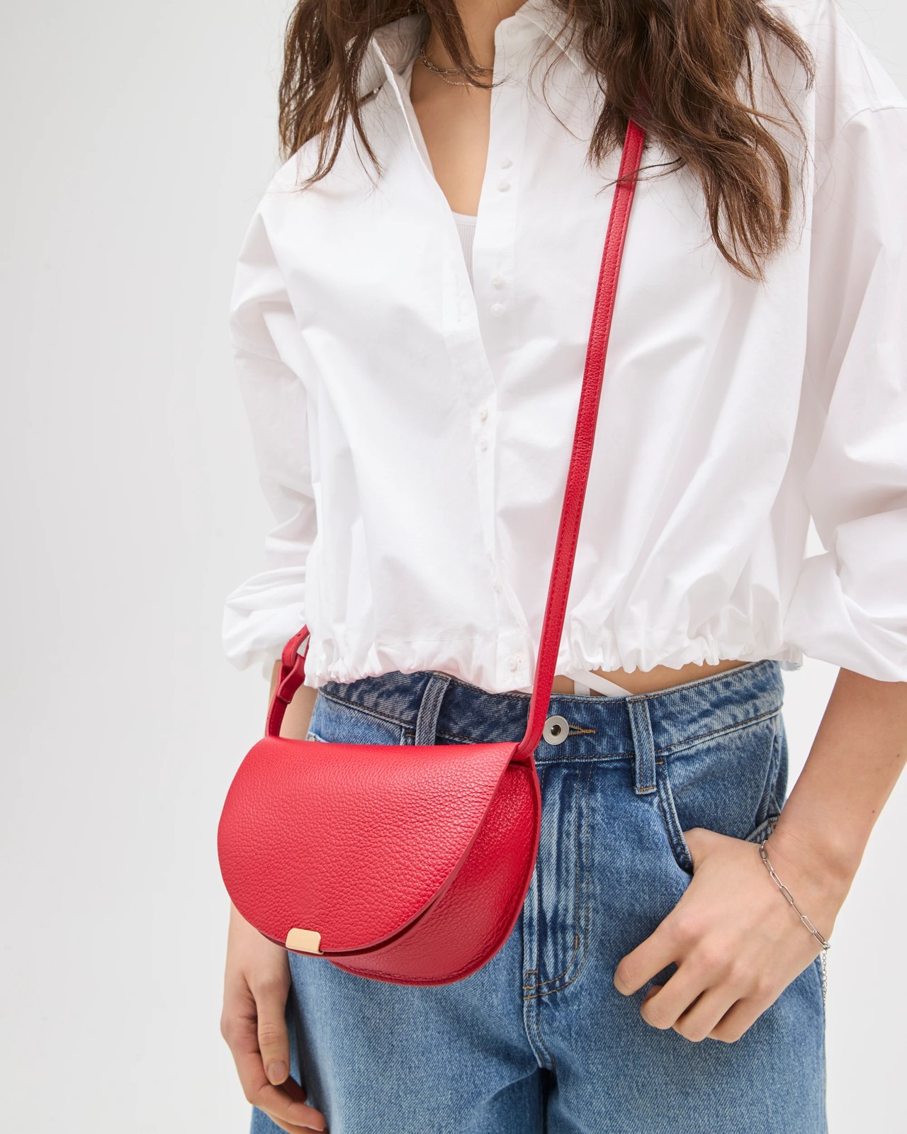 Genuine Leather Mini Saddle Crossbody Bag - Red 3 of 3