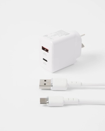 Wall USB Charger with USB-A to USB-C, White - Anko
