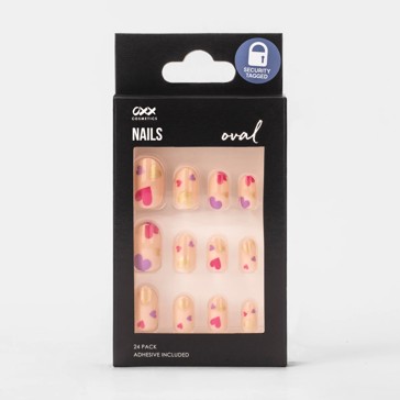 False Nails 24 Pack, Oval Shape, Metallic Hearts - OXX Cosmetics