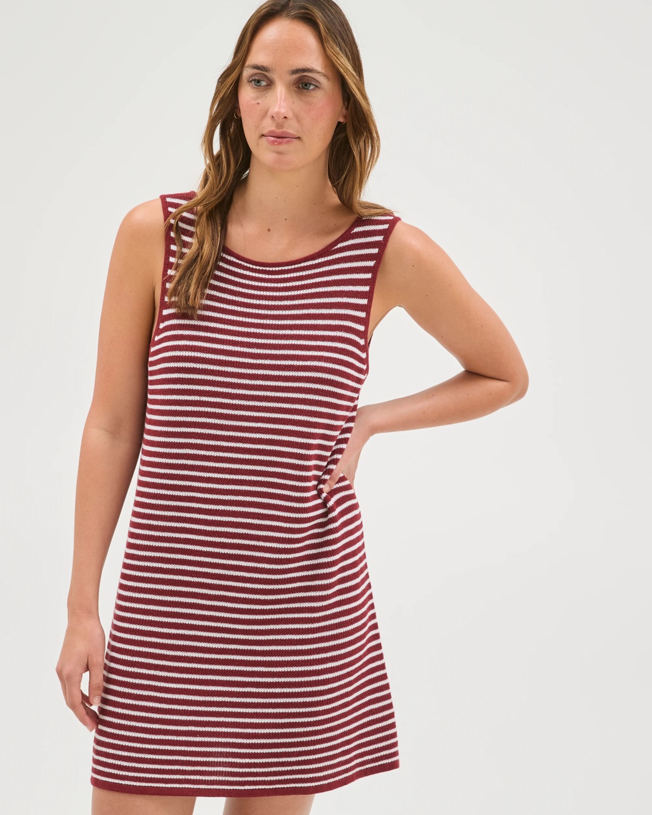 Australian Cotton Blend Resort Sleeveless Knit Mini Dress - Cinnabar Stripe 2 of 6