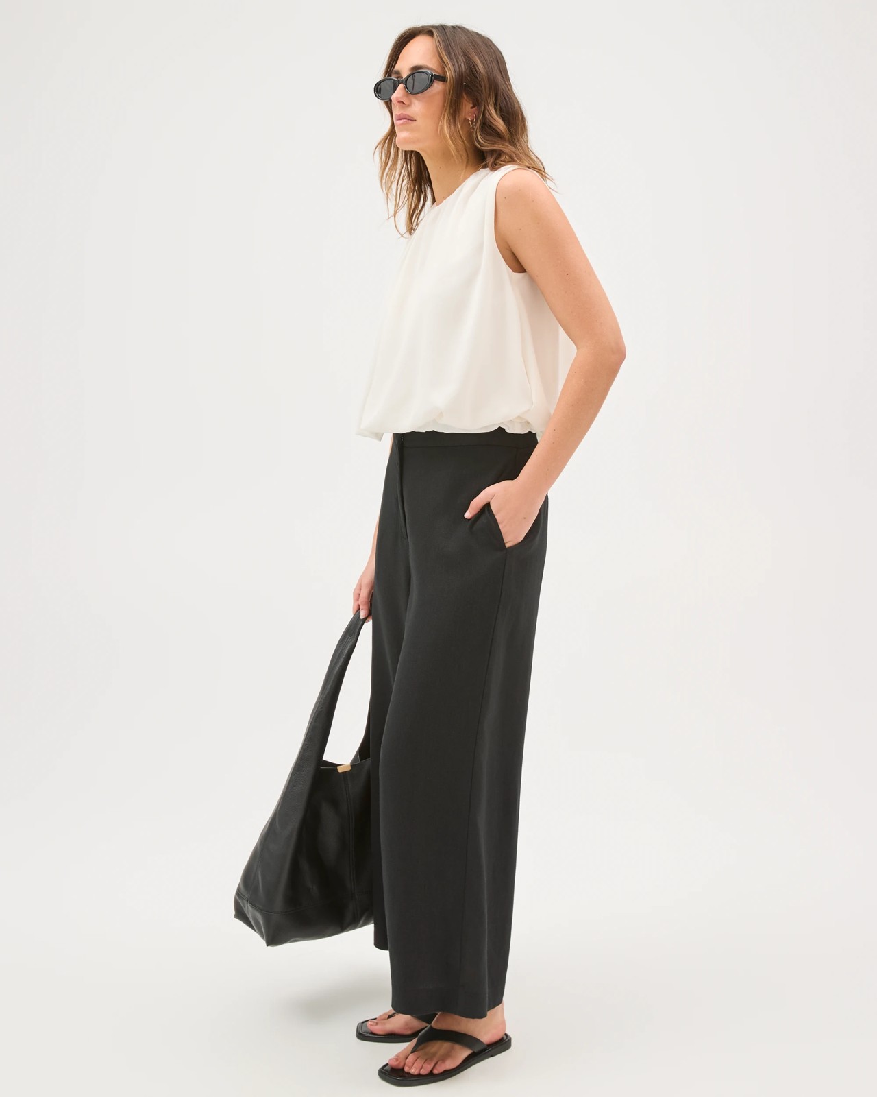 Preview Linen Blend Wide Leg Culotte Pants - Black 3 of 6