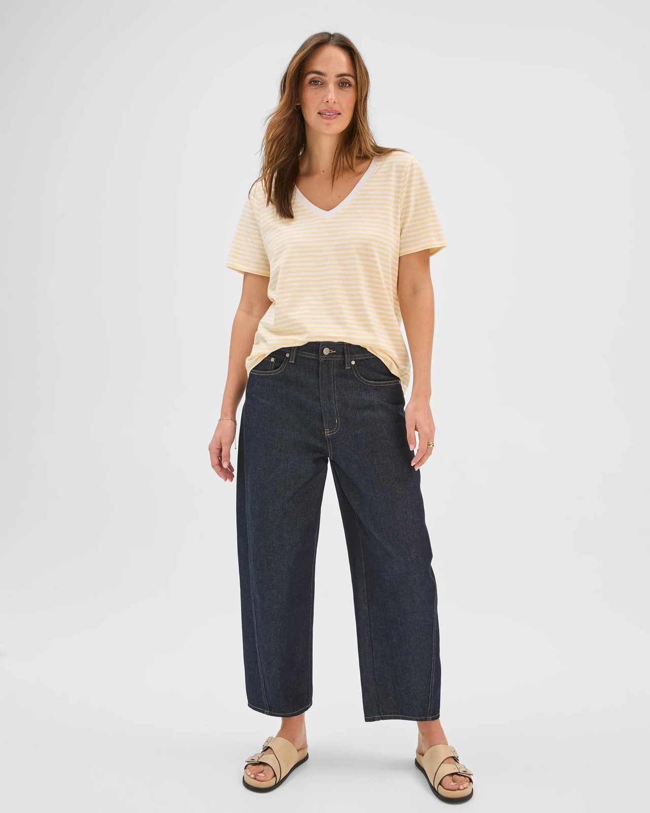 Australian Cotton Slub Relaxed V-Neck T-Shirt - Butter Lemon/White Stripe 2 of 6
